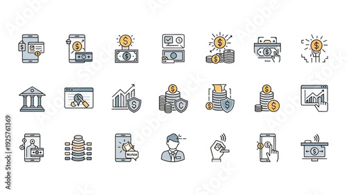 Set of financial and business icons with dollar signs and charts.