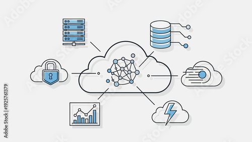 Cloud computing concept with secure data storage and network infrastructure diagram.