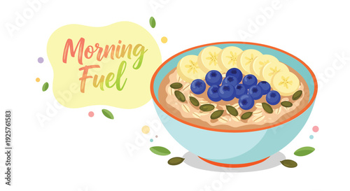 Breakfast bowl with banana and blueberries vector illustration