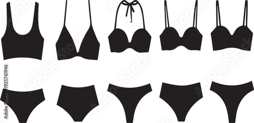 Modern Lingerie & Swimwear Silhouettes Vector Set: Diverse Women's Bras, Panties, and Bikini Styles for Fashion Design, Retail Branding, E-commerce & Clothing Graphics