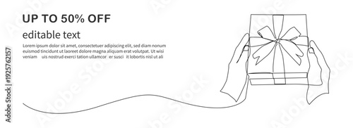 A minimalist continuous line illustration of a hand holding a gift box framed with a ribbon. Ideal for discount promotions, holiday campaigns, Black Friday, special offers, etc.
