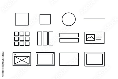 Line style vector icons of Visual Tofu aesthetics: block, square, circle, line; grid, column, row, card; placeholder, frame,