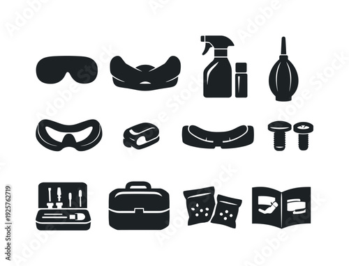 Solid vector icons of vr maintenance accessories: lens cover, protective sleeve, cleaning spray, air blower, replacement foam,
