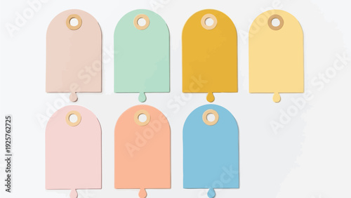 Colorful set of hanging tags arranged in a horizontal line