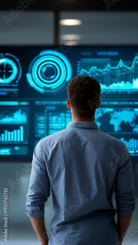A man observes interactive graphs and infographics on a high tech screen in a contemporary office environment. The scene emphasizes data analysis, innovation, and digital transformation in business