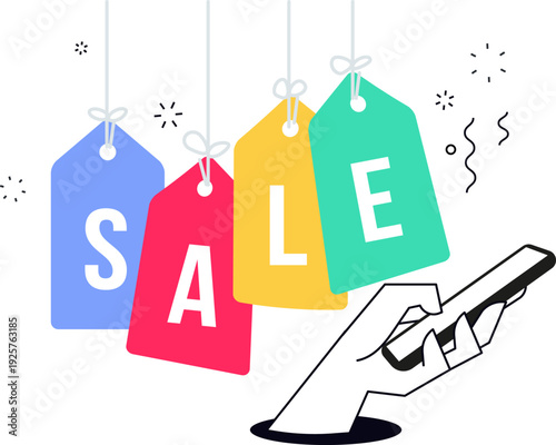 E commerce Sale Illustration Hand Holding Smartphone with Colorful SALE Tags and Confetti for Mobile Shopping Promotions