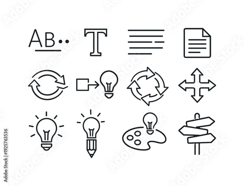 Line style icons of text to idea generator: words, letters, paragraph, page; transform, convert, remix, expand; creativity,
