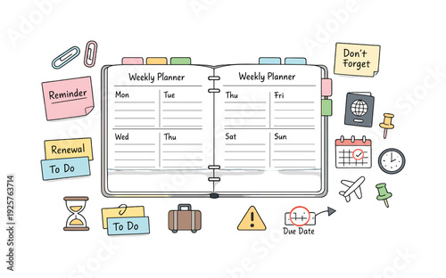 Open weekly planner spread, tabbed notebook pages, paper clips and sticky notes, small reminder icons for Passport renewal