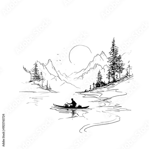 Sunrise Paddleboarder on Alpine Mountain Lake