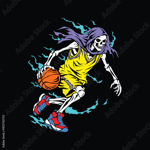 Vintage style vector illustration of grim reaper dribbling basketball. Bold retro design perfect for t shirt, streetwear, poster, and merchandise. Editable colors and scalable artwork.