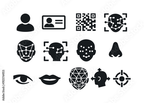 Solid vector icons of user identification: profile photo, ID frame, QR code, facial template, recognition algorithm, feature
