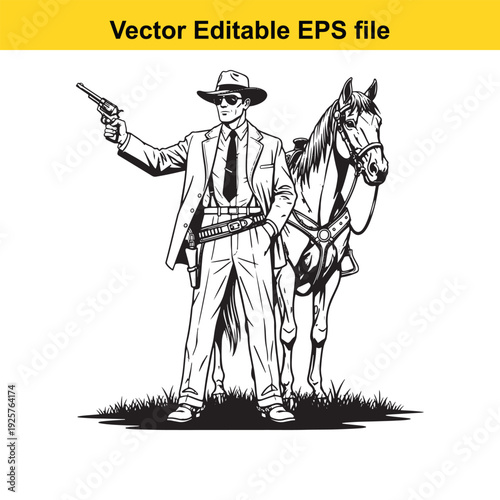 Cowboy Man with Horse and Gun Vector Illustration