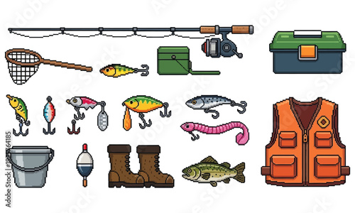 Comprehensive Fishing Equipment Set in Pixel Art Style Featuring Rod, Reel, Landing Net, Tackle Box, Fishing Vest, Boots, Bucket, and Various Lures and Baits Isolated for Game Development and Icons.