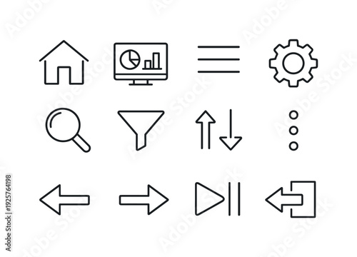 Line style icons of App quick access: home, dashboard, menu, settings; search, filter, sort, more; back, next, forward, exit