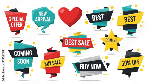 Colorful set of speech and communication-themed icons with hearts and chat bubbles