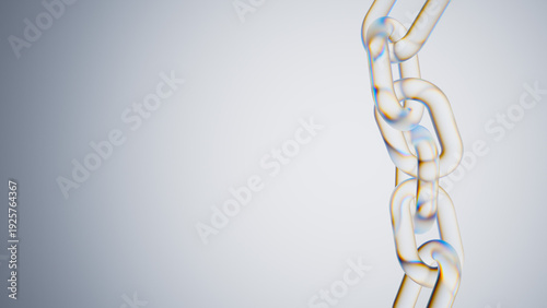 Abstract 3D white glass chain links on light grey background, 4K resolution.