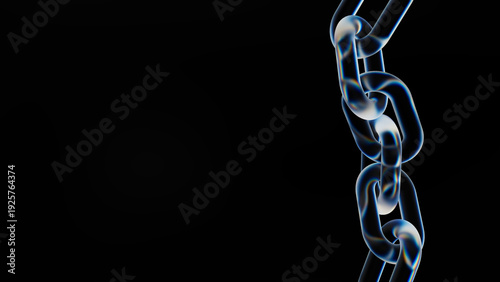 Abstract 3D white glass chain links on black background, 4K resolution.