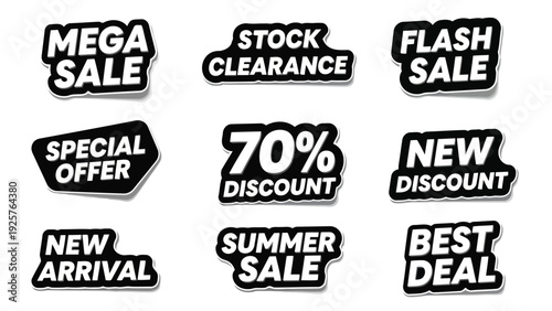 Vintage-style sale and clearance labels with various discount percentages