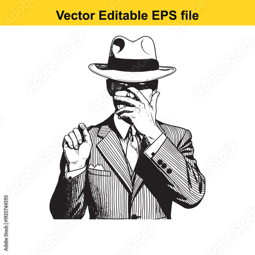 Spy Man in Suit and Hat - Vector Illustration