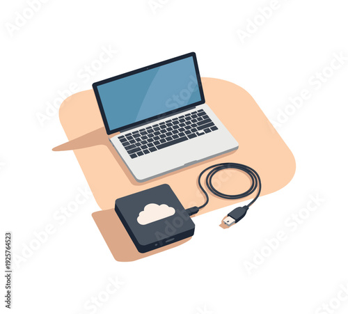 Data backup routine concept with simple external drive cloud icon laptop and cable arranged neatly seen from top-down view,