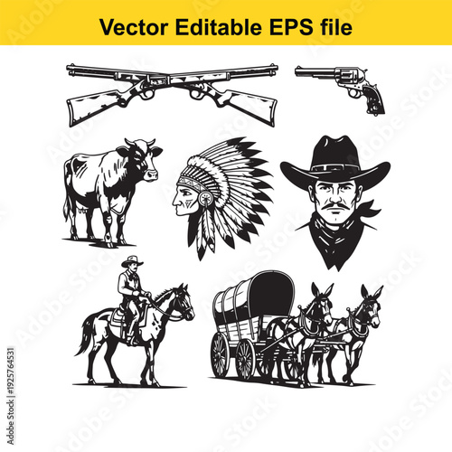 Western Vector Clipart Set with Cowboys and Native American