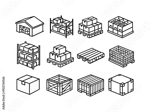 Line style vector icons of warehouse storage: warehouse, storage, inventory, stock; shelf, rack, pallet, bin; box, crate,