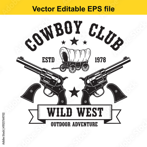 Western Cowboy Club Logo with Guns and Wagon - Vector Illustration