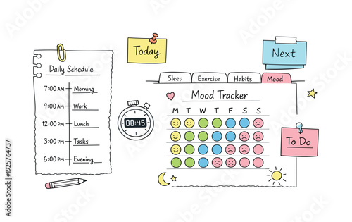 Minimalist Schedule Essentials. Daily schedule timeline with time blocks, timer and notebook page scraps, sticky notes and