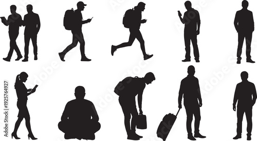 Ten human silhouettes arranged in a grid, showcasing diverse male and female figures in everyday postures and activities for design, illustration, and educational concepts