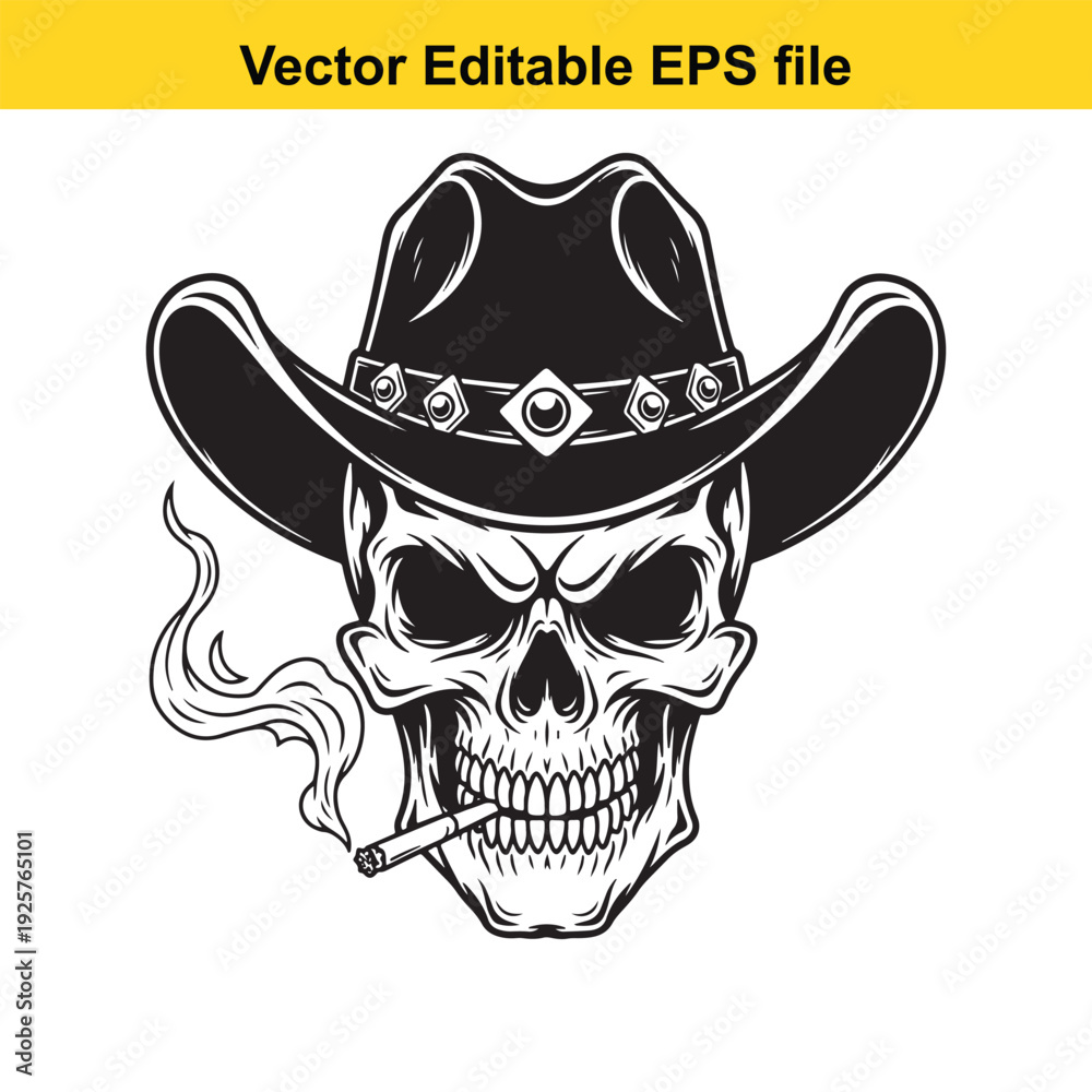 Fototapeta premium Skull Cowboy Hat Smoking Cigarette Vector Illustration Design