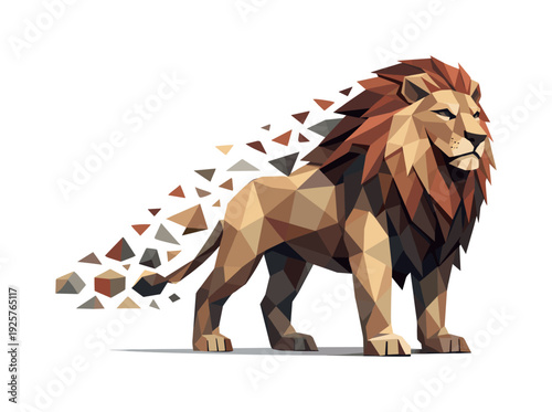 Geometric lion with a fragmented tail dissolving into abstract shapes, symbolizing transformation