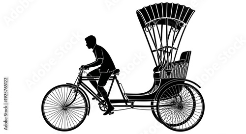 Silhouette of a rickshaw puller riding a bicycle with a passenger