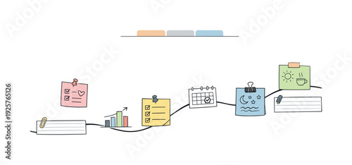 Hand-drawn infographic showing a timeline with sticky notes, calendar, and progress chart