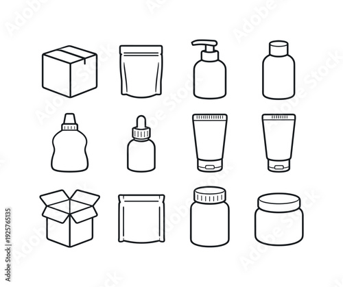 Line style vector icons of soft edge packaging: box, pouch, bottle, tube; rounded, smooth, curved, soft; corner, edge, rim,