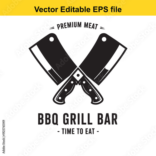 Meat Cleaver Logo Design for BBQ Grill Bar - Vector Illustration