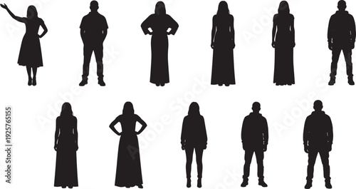 Twelve human silhouettes arranged in two rows, featuring diverse male and female figures in varied postures and clothing styles for design, fashion, and educational concepts