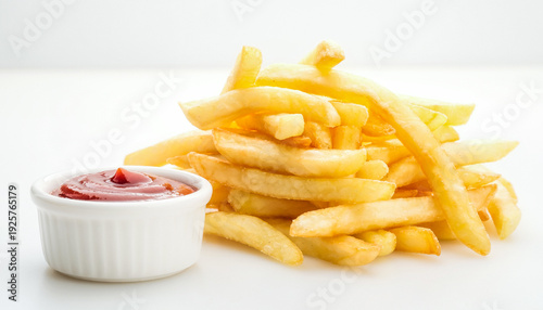 Crispy fries beside a white ramekin of ketchup on a seamless background