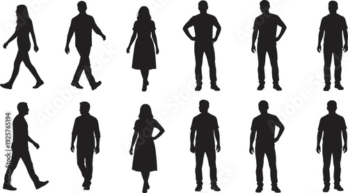Twelve human silhouettes arranged in two rows, showcasing diverse male and female figures in varied standing and walking postures for design, animation, and educational concepts