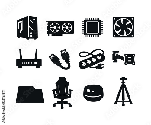 Solid vector icons of immersive gaming setup: gaming PC, graphics card, processor chip, cooling fan, router, ethernet cable,