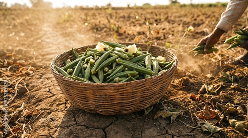 Freshly harvested okra pods gathering in a rustic woven basket on dry, cracked ground, a farmer's hand picking more fresh vegetables in a field during autumn season