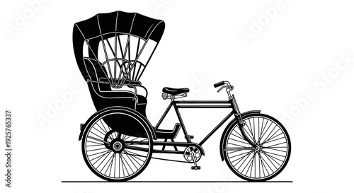 Black and white illustration of a vintage rickshaw bicycle with a covered seat