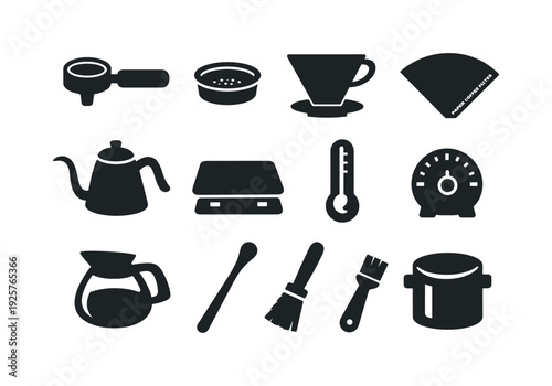Solid vector icons of coffee brewing tools: portafilter, filter basket, pour over dripper, paper filter, kettle, scale,