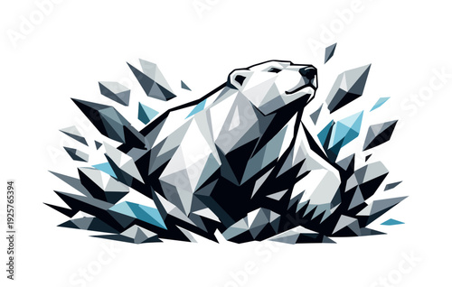 Geometric polar bear emerging from ice shards with a triumphant pose