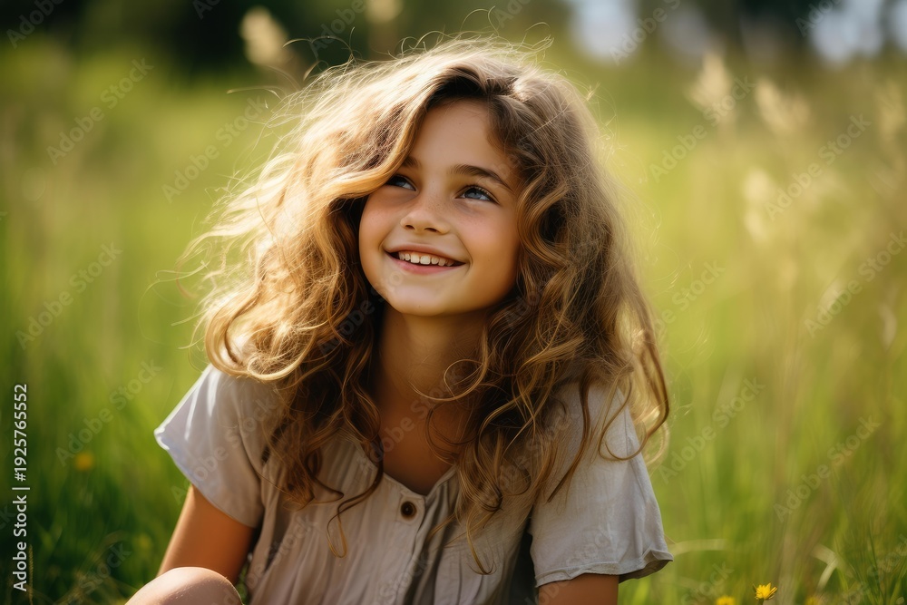 Fototapeta premium Little girl smiling joyfully, embracing childhood and freedom in a sunny meadow