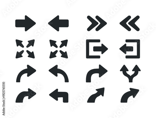 Solid vector icons of navigation arrows: forward arrow, back arrow, next arrow, previous arrow, expand arrow, collapse arrow,