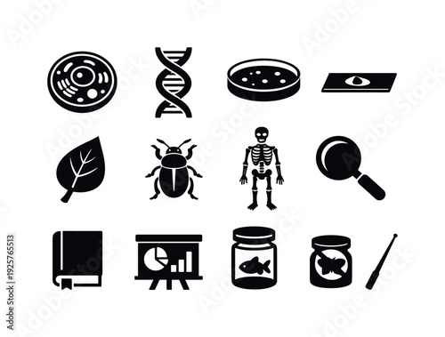 Solid vector icons of biology lesson: cell diagram, DNA helix, petri dish, microscope slide, plant leaf, insect specimen,