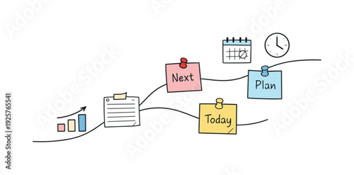 Milestone roadmap path, notebook strips as checkpoints, mini chart and calendar icons, pinned sticky notes for Appointment