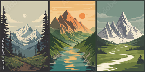 Mountain Landscape poster trio, night forest silhouette with glowing moon and colorful daytime peaks
