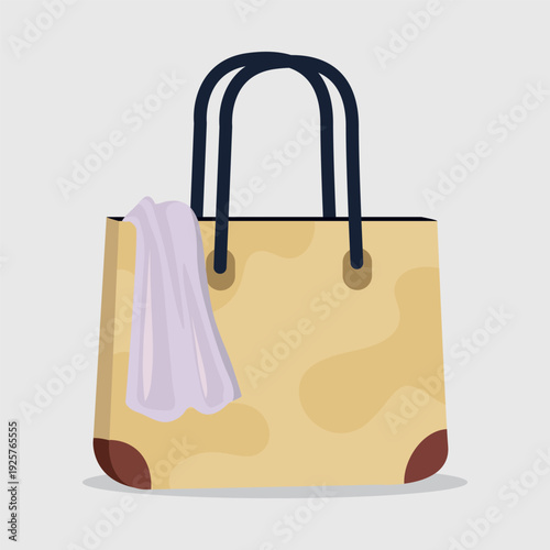 Beige tote bag with dark handles and a light purple cloth draped over its front, set against a plain background.