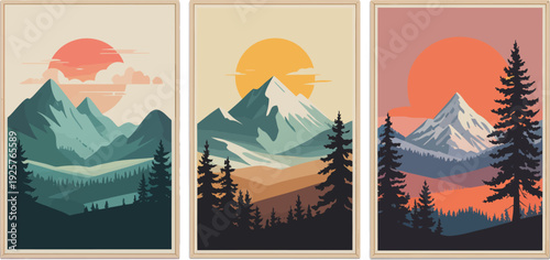 Mountain Sun Triptych poster set, layered mountain range with coral clouds and radiant golden sun